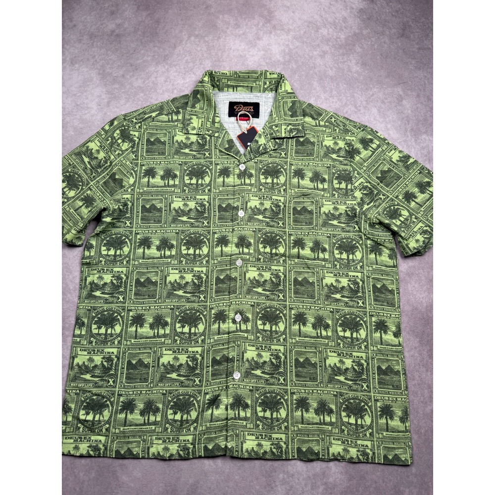 NWT Deus Ex Machina Mail-Man Shirt Green Stamp Palm Tree Print Button Up Men M